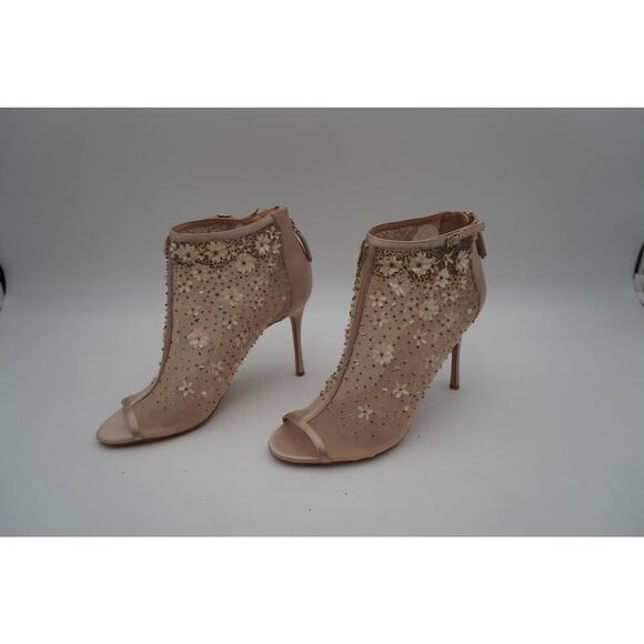 BADGLEY MISCHKA Mesh Flowers/Clear Stones/Open Peep-Toe Stiletto Pumps Size 10, - Picture 3 of 10